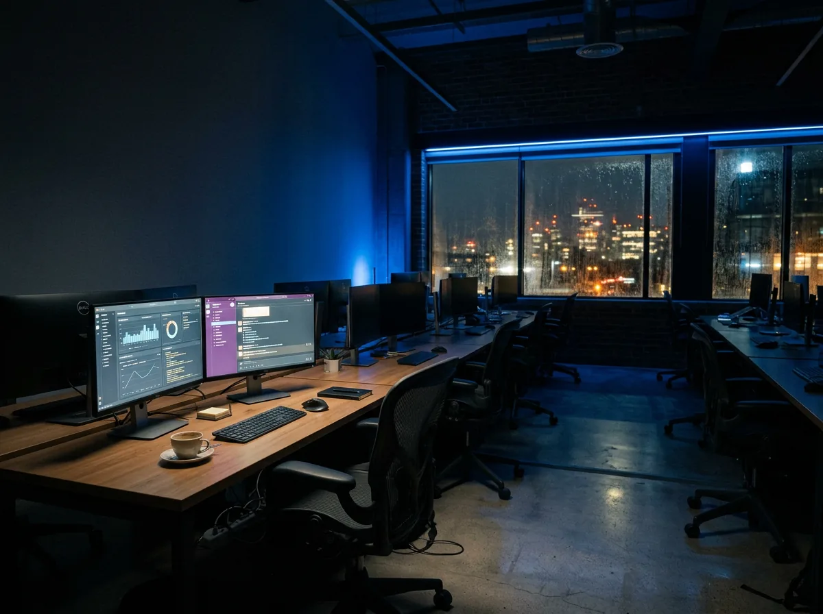 Empty office at night with screens still working