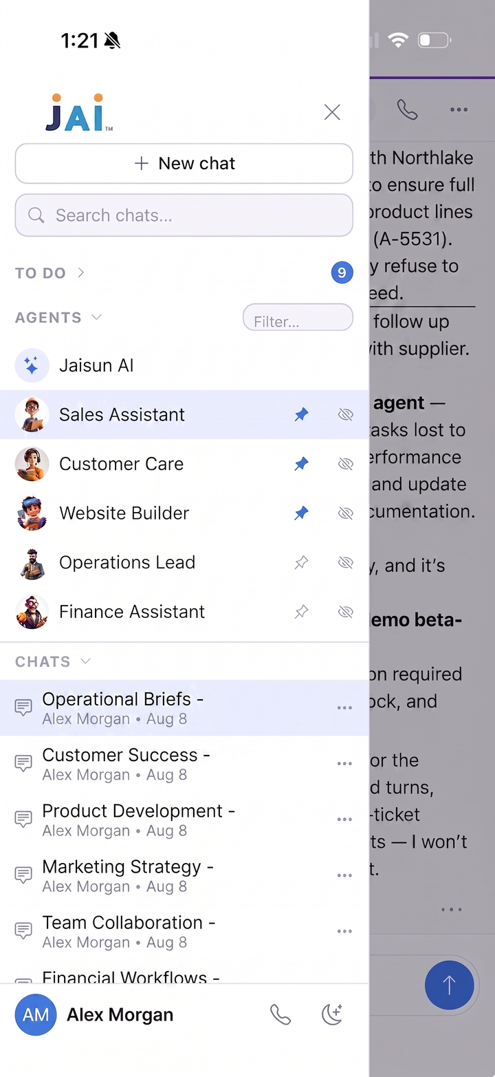 The Jaisun mobile app with the same agents and chats