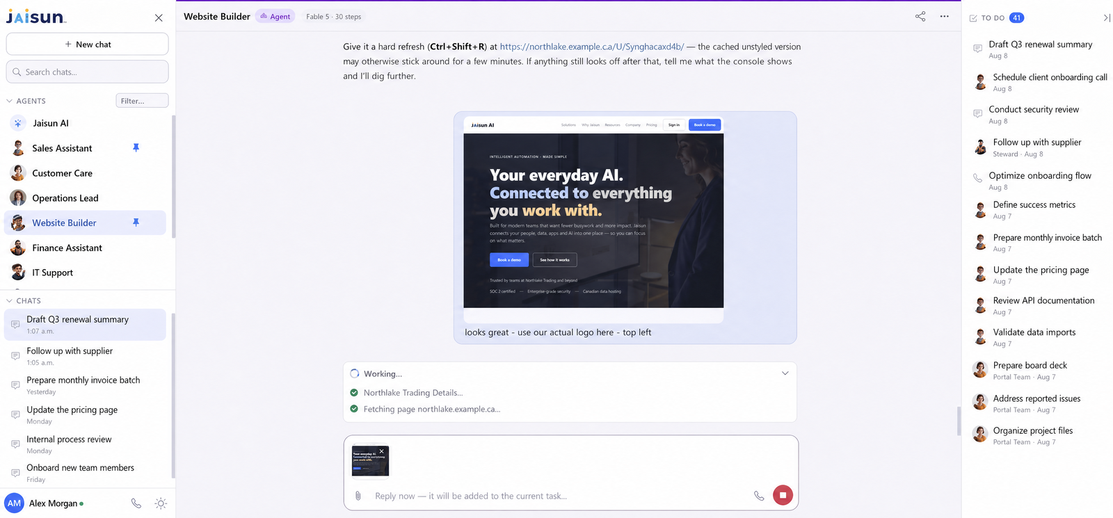 The Jaisun web workspace: agents, chats and to-do list